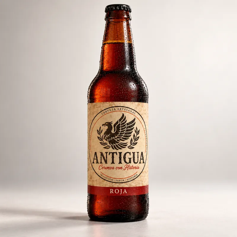 Botella fría de cerveza Antigua roja Bolívar, con la etiqueta del águila y gotas de agua