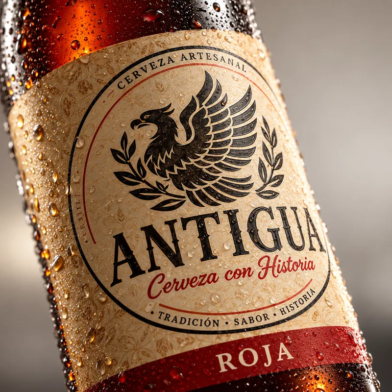 Detalle de la etiqueta de la cerveza Antigua roja Bolívar