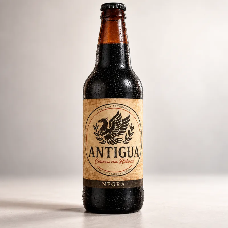 Botella fría de cerveza Antigua negra Fortoul, con la etiqueta del águila y gotas de agua