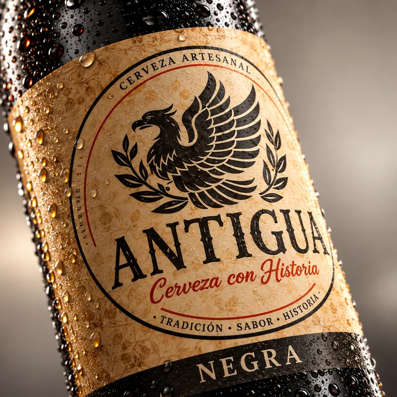 Detalle de la etiqueta de la cerveza Antigua negra Fortoul