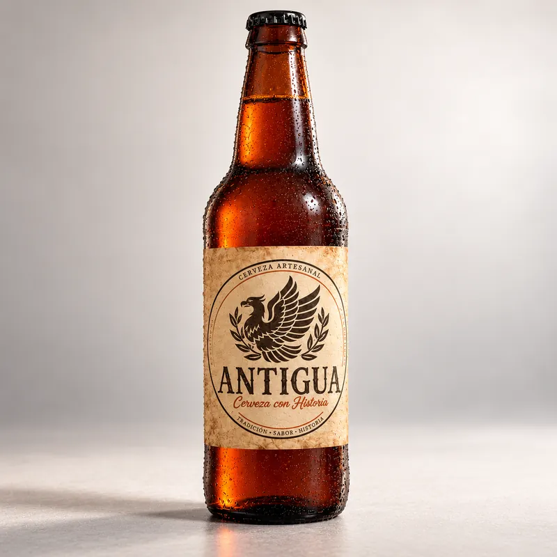 Botella fría de cerveza Antigua rubia Santander, con la etiqueta del águila y gotas de agua